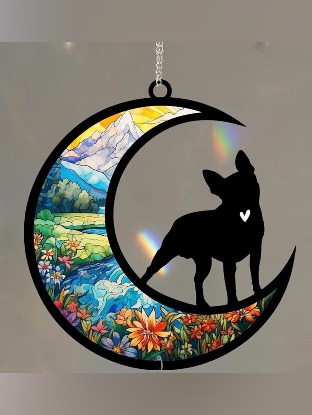 ✴️New✴️Crescent Moon Suncatcher with Florals and Boston Terrier